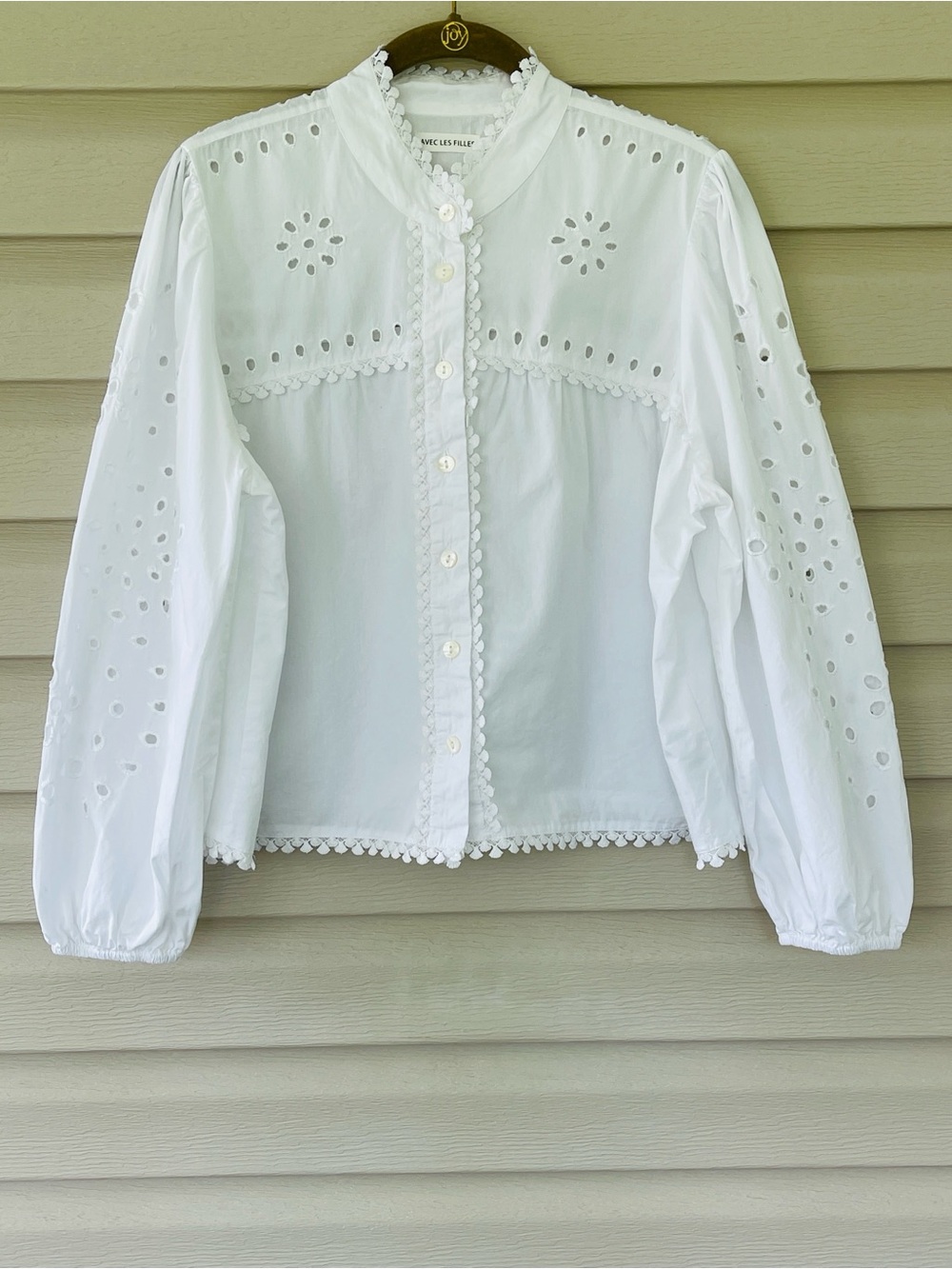 Avec Les Filles Cropped Eyelet Lace-Trim White Button-Front Blouse Size Medium